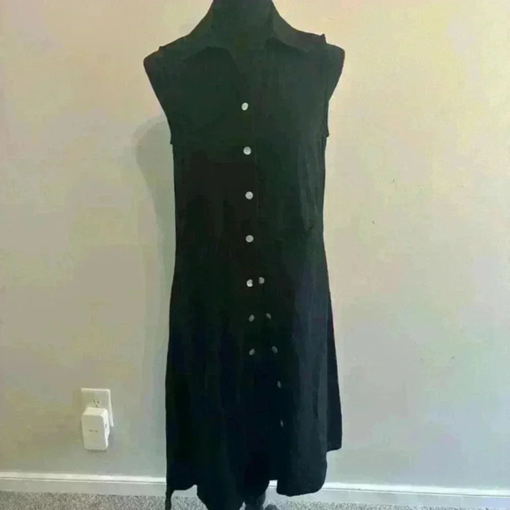 For Cynthia Womens Sz XS Black Linen Dress Button Front Pockets Asymmetrical Hem